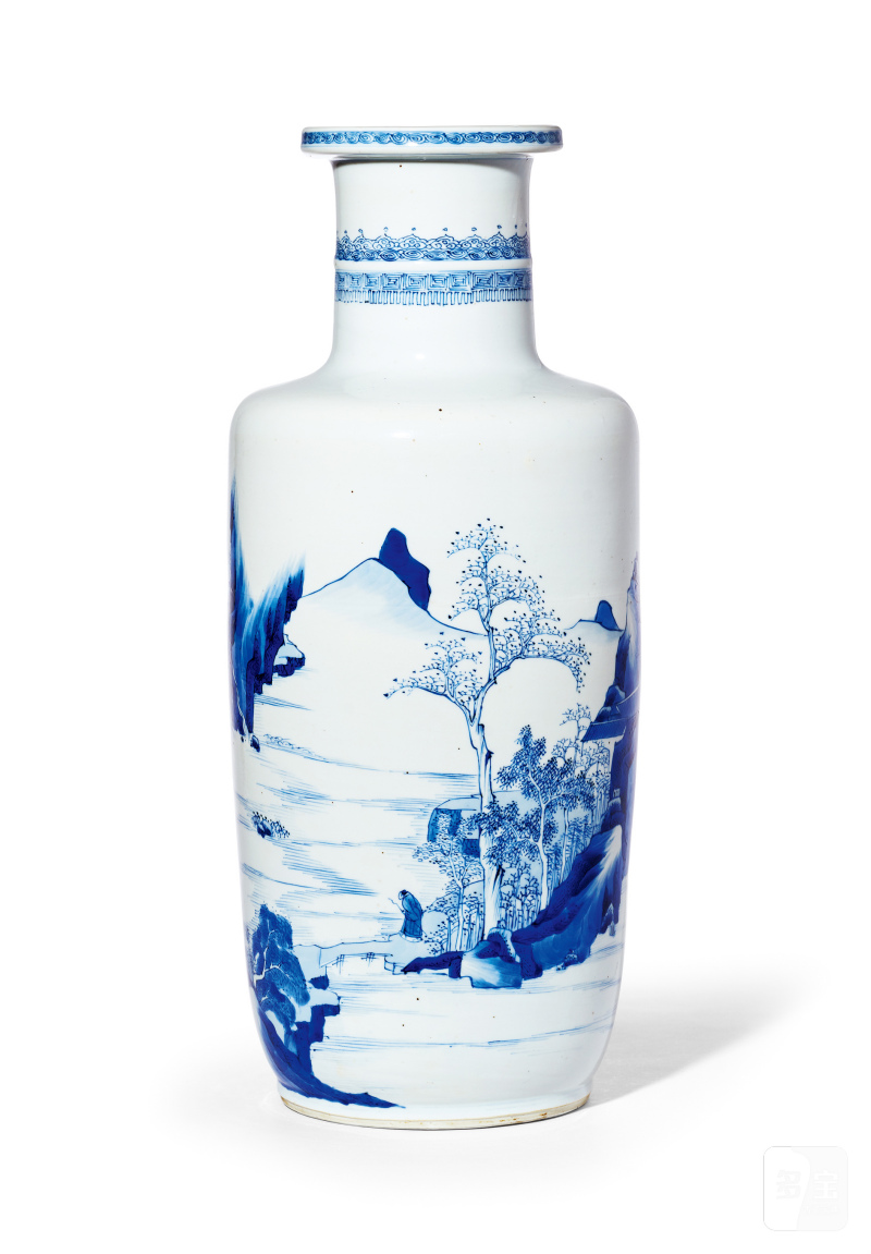 清康熙 青花山水人物图棒槌瓶